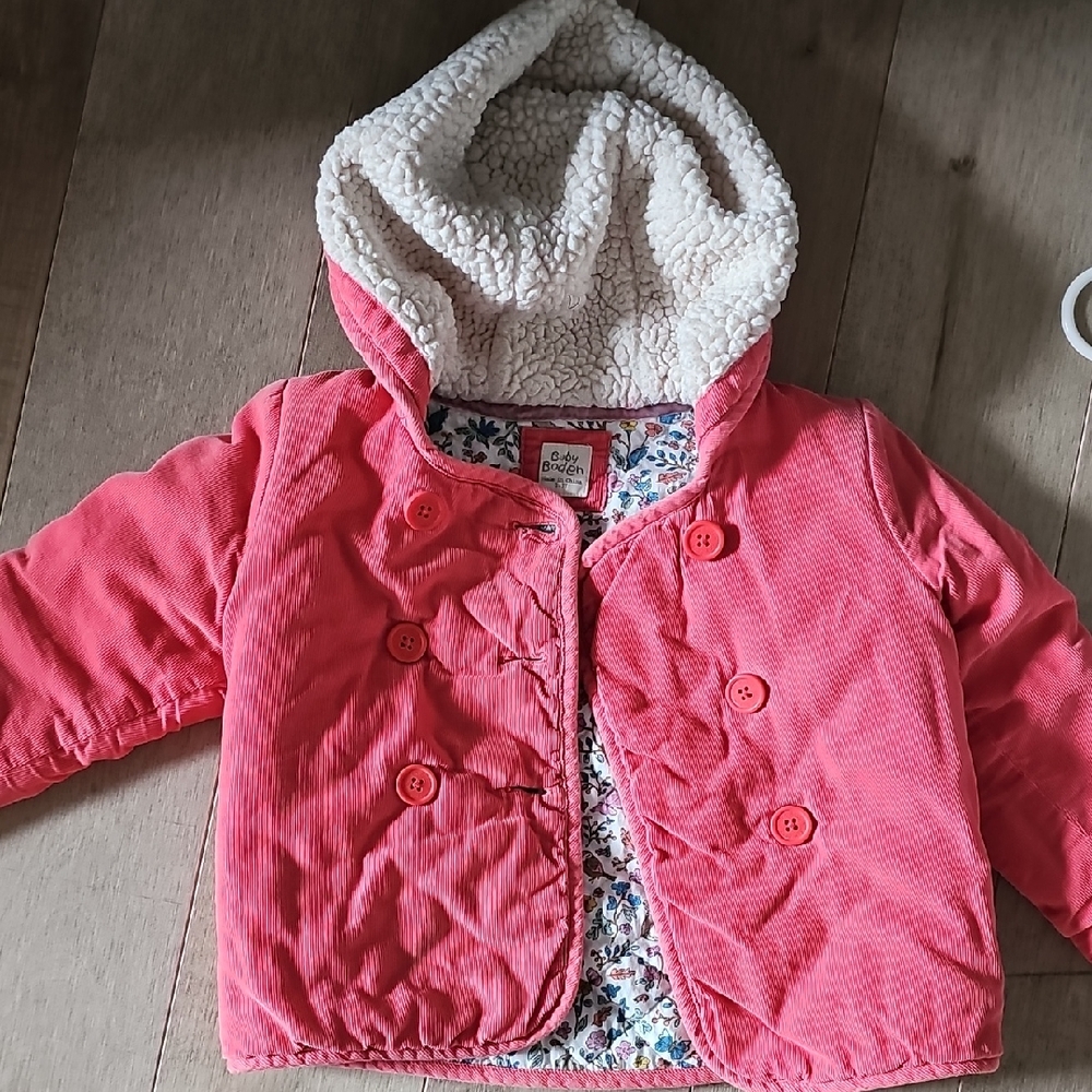 Baby Boden Coral Corduroy Jacket with Sherpa Hood